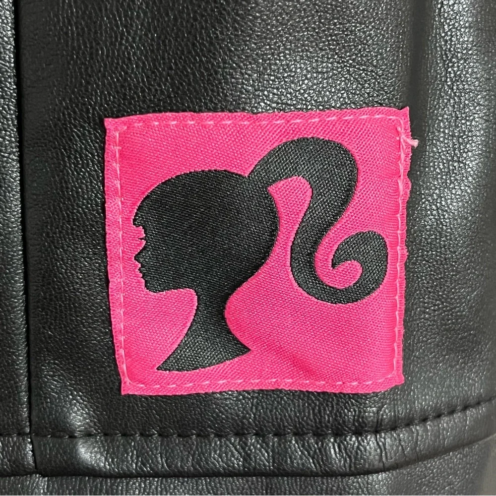 Barbie Girls‎ Black Faux Leather Moto Jacket Pink Logo 3T Trucker Coat Mattel
